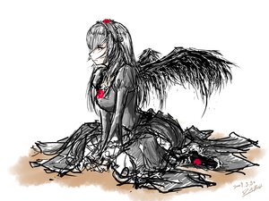 Rating: Safe Score: 0 Tags: 1girl dress hairband image long_sleeves monochrome red_eyes signature sitting solo spot_color suigintou wings User: admin