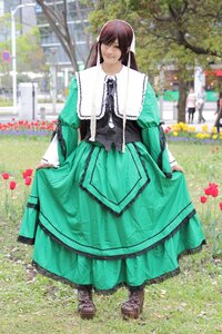 Rating: Safe Score: 0 Tags: 1girl blurry brown_hair closed_eyes day depth_of_field dress facing_viewer flower grass green_dress long_hair outdoors photo smile solo standing suiseiseki User: admin