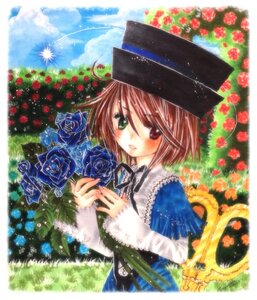 Rating: Safe Score: 0 Tags: 1girl blue_dress brown_hair dress flower green_eyes hat heterochromia image long_sleeves looking_at_viewer red_eyes red_flower red_rose rose short_hair solo souseiseki User: admin