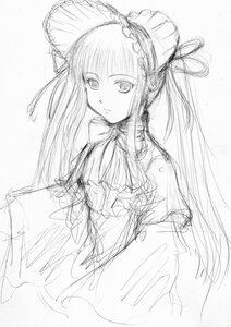 Rating: Safe Score: 0 Tags: 1girl bonnet bow bowtie dress frills greyscale hairband image lolita_hairband long_hair long_sleeves looking_at_viewer monochrome shinku simple_background sketch solo traditional_media upper_body white_background User: admin