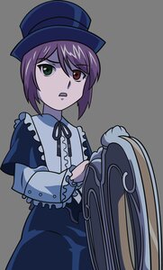 Rating: Safe Score: 0 Tags: 1girl capelet frills green_eyes hat heterochromia image long_sleeves looking_at_viewer purple_hair red_eyes ribbon short_hair solo souseiseki striped top_hat white_background User: admin