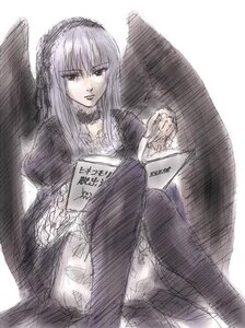 Rating: Safe Score: 0 Tags: 1girl black_wings book dress frilled_sleeves frills hairband haru_(primavera) holding image long_hair long_sleeves looking_at_viewer pale_skin rozen_maiden silver_hair simple_background sitting solo suigintou white_background wings User: admin