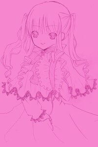 Rating: Safe Score: 0 Tags: 1girl dress drill_hair frills image long_hair long_sleeves looking_at_viewer monochrome pink_background pink_theme purple_theme shinku simple_background smile solo User: admin