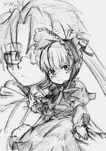 Rating: Safe Score: 0 Tags: 1boy 1girl blush bonnet bow bowtie dress frills frown greyscale image long_hair long_sleeves looking_at_viewer monochrome serious shinku simple_background sketch solo white_background User: admin