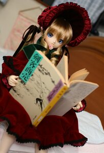 Rating: Safe Score: 0 Tags: 1girl blonde_hair blue_eyes blurry blurry_background blurry_foreground bonnet depth_of_field doll dress frills long_sleeves looking_at_viewer photo red_dress shinku solo twintails User: admin