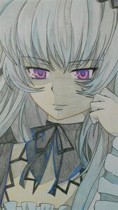 Rating: Safe Score: 0 Tags: 1girl frills hairband image long_hair looking_at_viewer neck_ribbon pink_eyes ribbon simple_background smile solo suigintou traditional_media User: admin