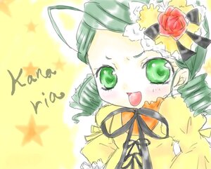 Rating: Safe Score: 0 Tags: 1girl :d auto_tagged blush fang flower green_eyes green_hair image kanaria long_sleeves open_mouth ribbon rose smile solo star_(symbol) yellow_background yellow_dress User: admin