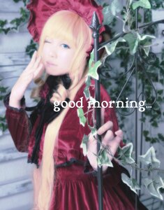 Rating: Safe Score: 0 Tags: 1girl blonde_hair blue_eyes blurry blurry_background bonnet depth_of_field dress flower long_sleeves one_eye_closed plant red_dress shinku solo User: admin