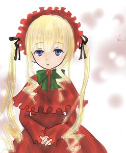 Rating: Safe Score: 0 Tags: 1girl :o blonde_hair blue_eyes blush bow bowtie dress green_bow image long_hair long_sleeves looking_at_viewer open_mouth red_dress rose shinku solo twintails User: admin