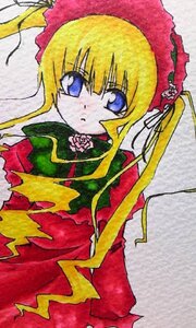 Rating: Safe Score: 0 Tags: 1girl blonde_hair blue_eyes bonnet bow bowtie dress flower green_bow image long_hair long_sleeves looking_at_viewer marker_(medium) red_dress rose shinku simple_background solo traditional_media twintails white_background User: admin