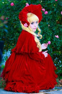 Rating: Safe Score: 0 Tags: 1girl blonde_hair blue_eyes bonnet bug butterfly dress flower insect long_hair long_sleeves looking_at_viewer looking_back nature pink_flower pink_rose plant red_capelet red_dress rose shinku solo User: admin