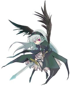 Rating: Safe Score: 0 Tags: 1girl black_wings boots dress feathers flower frills full_body hairband holding image long_hair long_sleeves looking_at_viewer rose simple_background solo suigintou sword weapon white_background wings User: admin