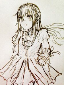Rating: Safe Score: 0 Tags: 1girl dress frills hairband image juliet_sleeves lolita_hairband long_hair long_sleeves looking_at_viewer monochrome ribbon simple_background sketch solo suigintou traditional_media User: admin