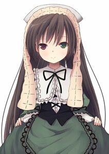 Rating: Safe Score: 0 Tags: 1girl bangs black_ribbon blush brown_hair dress frills green_dress green_eyes heterochromia image long_hair long_sleeves looking_at_viewer neck_ribbon ribbon simple_background smile solo suiseiseki very_long_hair white_background User: admin