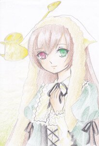 Rating: Safe Score: 0 Tags: 1girl dress frills green_eyes heterochromia image long_hair looking_at_viewer pink_hair ribbon smile solo suiseiseki traditional_media upper_body veil User: admin