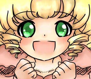 Rating: Safe Score: 0 Tags: 1girl blonde_hair blush close-up drill_hair eyebrows_visible_through_hair green_eyes hina_ichigo hinaichigo image looking_at_viewer luna_child ringlets short_hair simple_background smile solo twin_drills User: admin