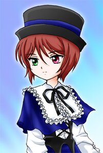 Rating: Safe Score: 0 Tags: 1girl blue_background dress frills green_eyes hat heterochromia image long_sleeves looking_at_viewer red_eyes ribbon short_hair simple_background solo souseiseki upper_body User: admin