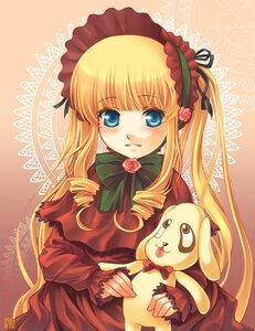 Rating: Safe Score: 0 Tags: 1girl blonde_hair blue_eyes blush bonnet bow bowtie dress drill_hair flower green_bow image long_hair long_sleeves looking_at_viewer pink_rose rose shinku solo twintails User: admin