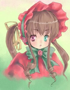 Rating: Safe Score: 0 Tags: 1girl :o blush bonnet bow brown_hair costume_switch dress flower green_background heterochromia image long_hair long_sleeves looking_at_viewer pink_rose red_dress rose shinku simple_background solo twintails yellow_background User: admin