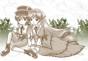 Rating: Safe Score: 0 Tags: 2girls boots dress frills hat image lolita_fashion long_hair long_sleeves looking_at_viewer monochrome multiple_girls outdoors pair ribbon short_hair siblings sisters sitting souseiseki suiseiseki twins very_long_hair User: admin