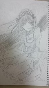 Rating: Safe Score: 0 Tags: 1girl dress frills graphite_(medium) greyscale hairband image long_hair long_sleeves looking_at_viewer monochrome solo suigintou traditional_media User: admin