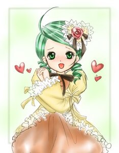 Rating: Safe Score: 0 Tags: 1girl :d ahoge blush dress drill_hair flower frills green_eyes green_hair heart image kanaria long_sleeves open_mouth own_hands_together ribbon rose smile solo twin_drills yellow_dress User: admin