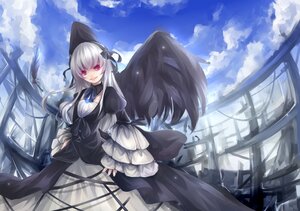 Rating: Safe Score: 0 Tags: 1girl black_dress black_wings blue_sky cloud day dress feathers flower frills gothic_lolita image lolita_fashion long_hair long_sleeves looking_at_viewer outdoors pink_eyes silver_hair sky smile solo suigintou wings User: admin