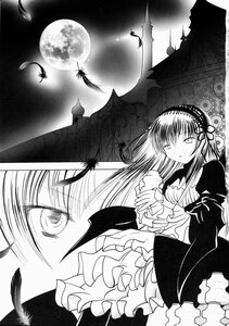 Rating: Safe Score: 0 Tags: 1girl bird black_feathers comic dress feathers flower frills full_moon greyscale hairband image long_hair long_sleeves monochrome moon night sky solo suigintou wings User: admin