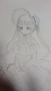 Rating: Safe Score: 0 Tags: 1girl bonnet closed_mouth dress frills greyscale image lolita_fashion long_hair long_sleeves looking_at_viewer monochrome shinku simple_background sketch solo traditional_media twintails very_long_hair User: admin