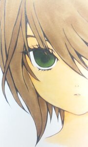 Rating: Safe Score: 0 Tags: 1girl bangs blurry brown_hair close-up closed_mouth depth_of_field eyebrows_visible_through_hair face green_eyes image short_hair simple_background solo souseiseki User: admin