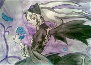 Rating: Safe Score: 0 Tags: 1girl border dress flower image letterboxed long_sleeves looking_back red_eyes solo suigintou wings User: admin