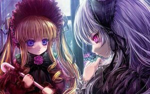 Rating: Safe Score: 0 Tags: 2girls blonde_hair bonnet dress flower frills hairband long_hair long_sleeves multiple_girls pink_eyes rose shinku silver_hair smile suigintou twintails umbrella User: admin