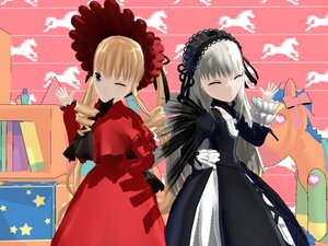 Rating: Safe Score: 0 Tags: 2girls black_wings blonde_hair blue_eyes bonnet closed_eyes dress drill_hair hairband image long_hair long_sleeves multiple_girls one_eye_closed pair shinku silver_hair suigintou wings User: admin