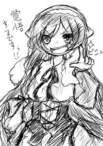 Rating: Safe Score: 0 Tags: 1girl :d dress greyscale image long_hair long_sleeves looking_at_viewer monochrome open_mouth simple_background sketch smile solo suiseiseki very_long_hair white_background User: admin