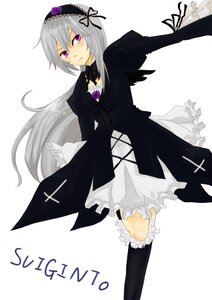Rating: Safe Score: 0 Tags: 1girl dress flower frills gothic_lolita hairband image kneehighs long_hair long_sleeves purple_eyes silver_hair solo suigintou wings User: admin