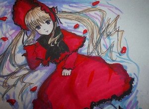 Rating: Safe Score: 0 Tags: 1girl blonde_hair blue_eyes bonnet bow capelet dress flower image long_hair long_sleeves looking_at_viewer lying on_back petals red_capelet red_dress rose rose_petals shinku solo traditional_media twintails very_long_hair User: admin