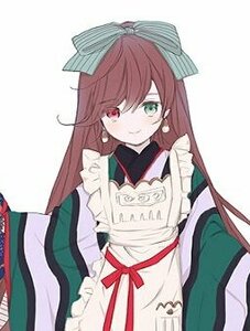 Rating: Safe Score: 0 Tags: 1girl apron bangs bow brown_hair closed_mouth earrings green_eyes hair_bow heterochromia image japanese_clothes jewelry long_hair long_sleeves looking_at_viewer red_eyes ribbon simple_background smile solo suiseiseki white_apron white_background User: admin