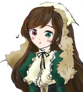Rating: Safe Score: 0 Tags: 1girl :o bangs black_ribbon blush brown_hair dress eighth_note frills green_dress green_eyes heterochromia image long_hair long_sleeves looking_at_viewer musical_note red_eyes ribbon simple_background solo suiseiseki upper_body white_background User: admin