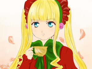 Rating: Safe Score: 0 Tags: 1girl bangs blonde_hair blue_eyes bow drill_hair eyebrows_visible_through_hair flower image long_hair long_sleeves looking_at_viewer petals rose shinku sidelocks signature solo striped twintails upper_body User: admin