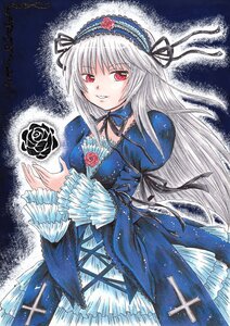 Rating: Safe Score: 3 Tags: 1girl blue_flower blue_rose dress flower frills hairband image lolita_fashion long_hair long_sleeves looking_at_viewer marker_(medium) red_eyes ribbon rose solo suigintou traditional_media wings User: admin