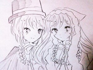 Rating: Safe Score: 0 Tags: 2girls bangs blush capelet eyebrows_visible_through_hair hat image long_hair looking_at_viewer monochrome multiple_girls pair ribbon smile souseiseki suiseiseki traditional_media User: admin