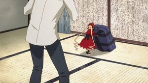 Rating: Safe Score: 0 Tags: 1boy 1girl bag dress image long_sleeves pants red_dress shinku solo standing tatami User: admin