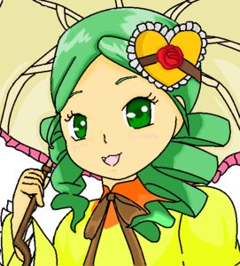 Rating: Safe Score: 0 Tags: 1girl ahoge blush dress fang frills green_eyes green_hair image kanaria looking_at_viewer open_mouth ribbon rose simple_background smile solo umbrella User: admin