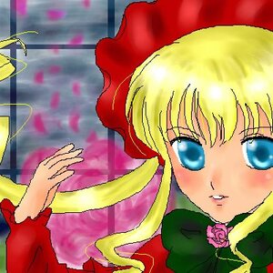 Rating: Safe Score: 0 Tags: 1girl blonde_hair blue_eyes blush bow bowtie dress flower hat image long_hair long_sleeves looking_at_viewer pink_rose rose shinku solo upper_body User: admin