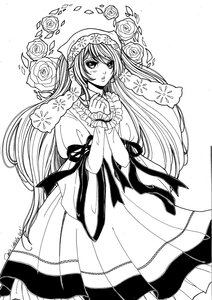 Rating: Safe Score: 0 Tags: 1girl dress flower frills greyscale image long_hair long_sleeves monochrome ribbon rose solo suiseiseki thorns very_long_hair User: admin