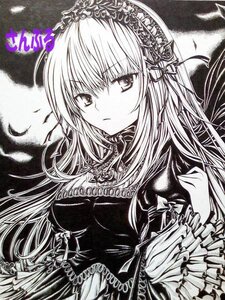 Rating: Safe Score: 0 Tags: 1girl breasts closed_mouth dress eyebrows_visible_through_hair feathers flower greyscale hairband image long_hair long_sleeves looking_at_viewer monochrome solo suigintou traditional_media upper_body User: admin