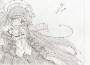 Rating: Safe Score: 0 Tags: 1girl dated dress eyebrows_visible_through_hair frills greyscale head_scarf image long_hair long_sleeves looking_at_viewer monochrome signature solo suiseiseki traditional_media very_long_hair User: admin