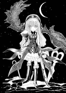 Rating: Safe Score: 0 Tags: 1girl crescent_moon dress frills greyscale image kneehighs long_hair monochrome moon night sky solo standing suigintou very_long_hair wings User: admin