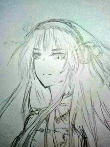 Rating: Safe Score: 0 Tags: 1girl bangs closed_mouth eyebrows_visible_through_hair flower hairband image long_hair monochrome rain solo suigintou traditional_media User: admin