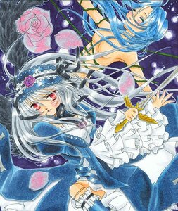 Rating: Questionable Score: 0 Tags: 2girls blue_hair blush dress flower frills image long_hair marker_(medium) multiple_girls red_eyes rose silver_hair solo suigintou traditional_media watercolor_(medium) User: admin